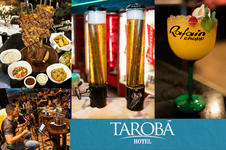 Algumas coisas que tem no local, como trinks, chopp, comida e música ao vivo.